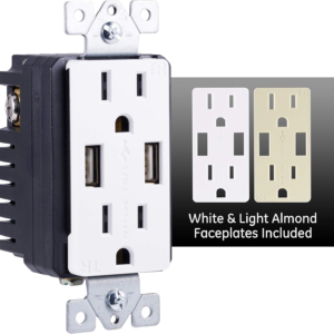 GE In-Wall USB Receptacle, 2 Ports, 4.8A, 2 Outlets, White and Light Almond Faceplates, No Wall platR